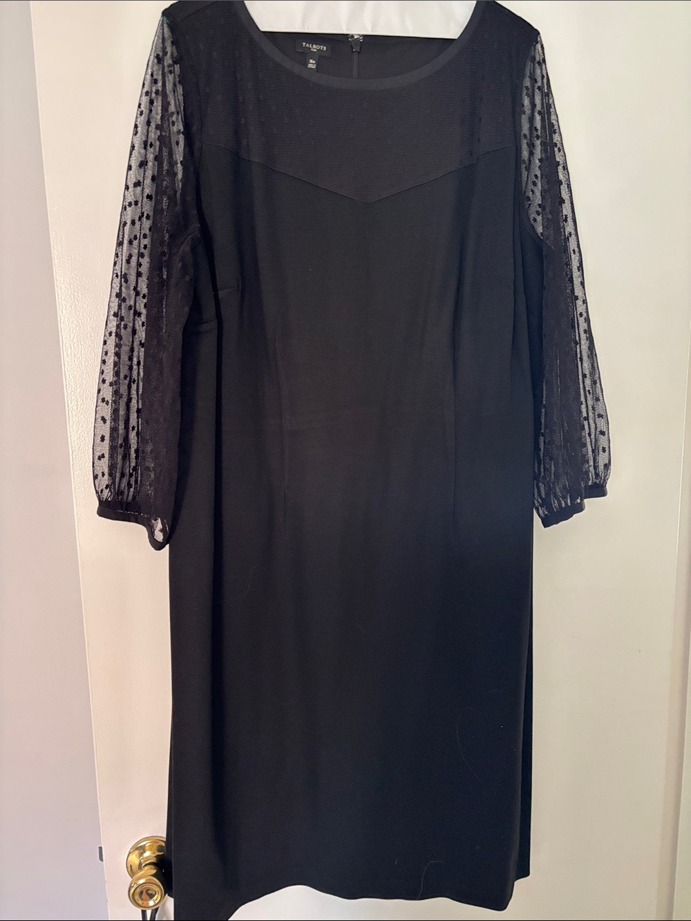 Talbots Black Shift Dress with Sheer Polka-Dot Sleeves